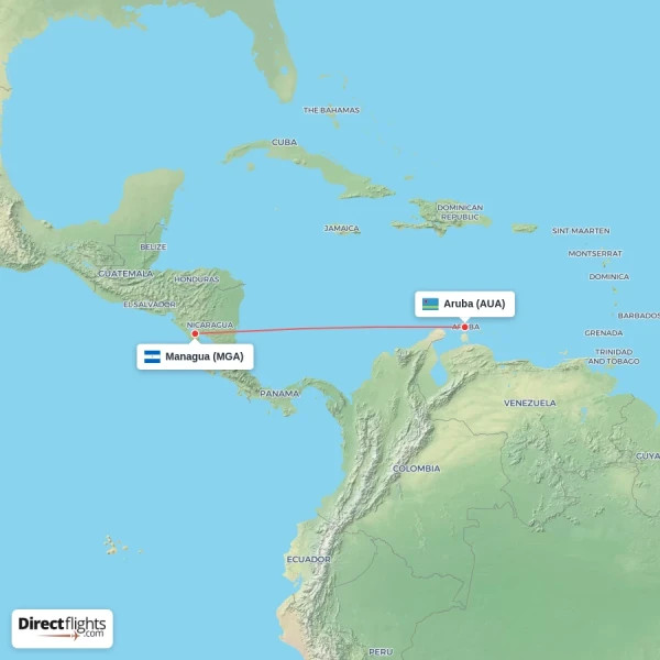 Aruba - Managua direct flight map