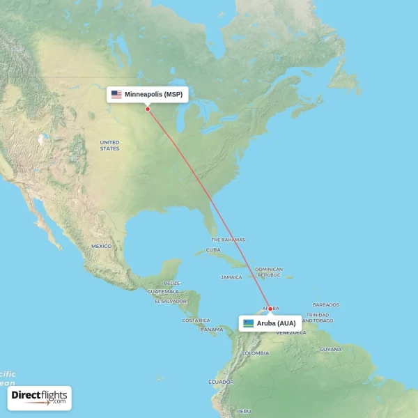 Aruba - Minneapolis direct flight map