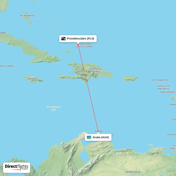 Aruba - Providenciales direct flight map