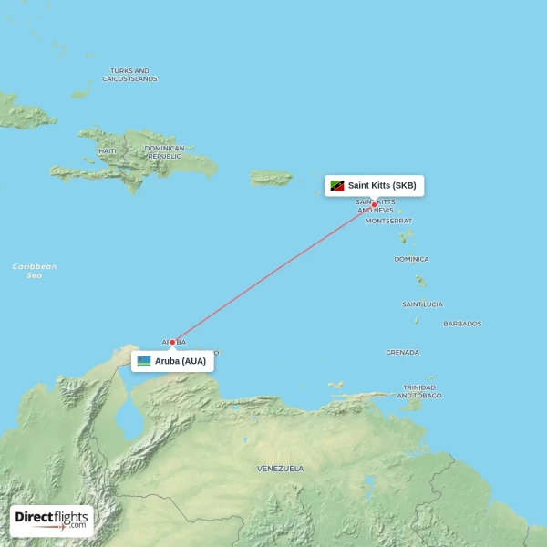 Aruba - Saint Kitts direct flight map