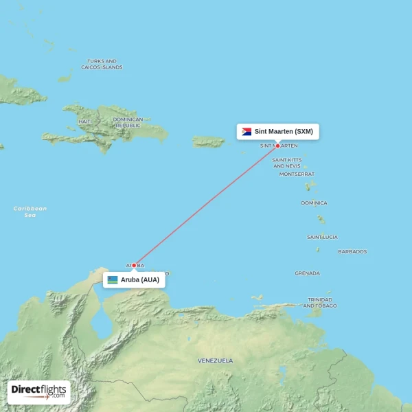 Aruba - Sint Maarten direct flight map