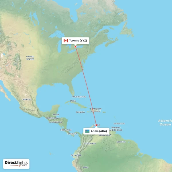 Aruba - Toronto direct flight map
