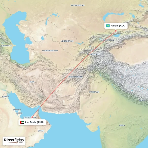 Abu Dhabi - Almaty direct flight map