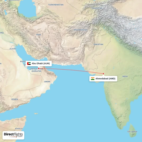 Abu Dhabi - Ahmedabad direct flight map