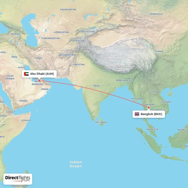 Abu Dhabi - Bangkok direct flight map