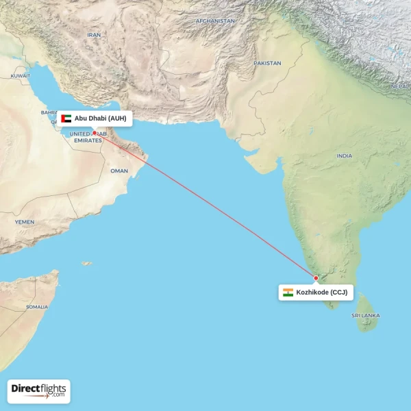 Abu Dhabi - Kozhikode direct flight map