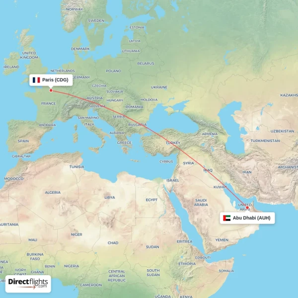 Abu Dhabi - Paris direct flight map
