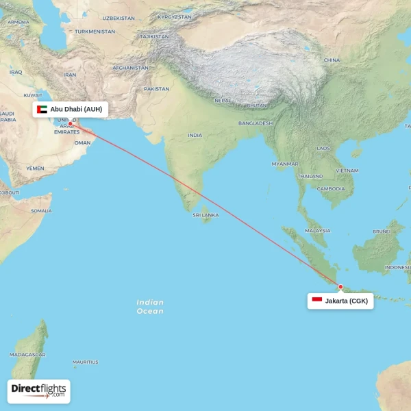 Abu Dhabi - Jakarta direct flight map