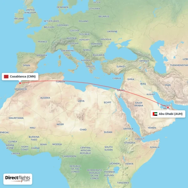 Abu Dhabi - Casablanca direct flight map
