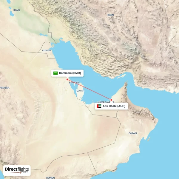 Abu Dhabi - Dammam direct flight map