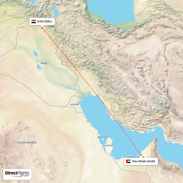 Abu Dhabi - Erbil direct flight map