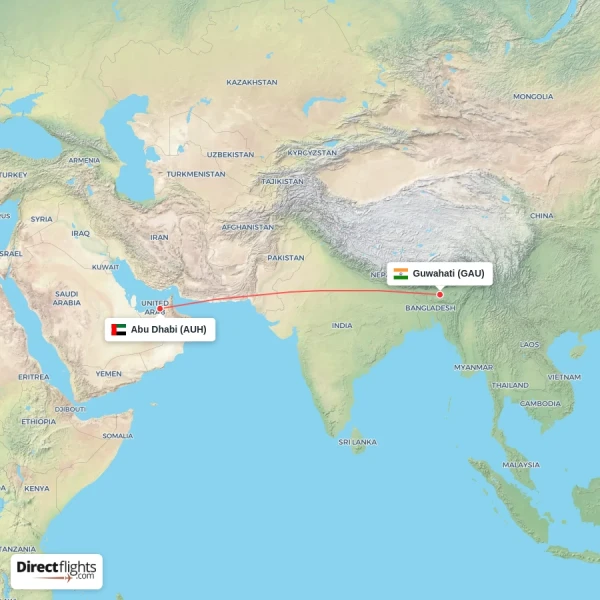 Abu Dhabi - Guwahati direct flight map