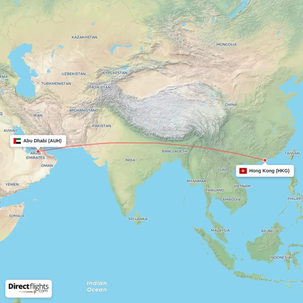Abu Dhabi - Hong Kong direct flight map