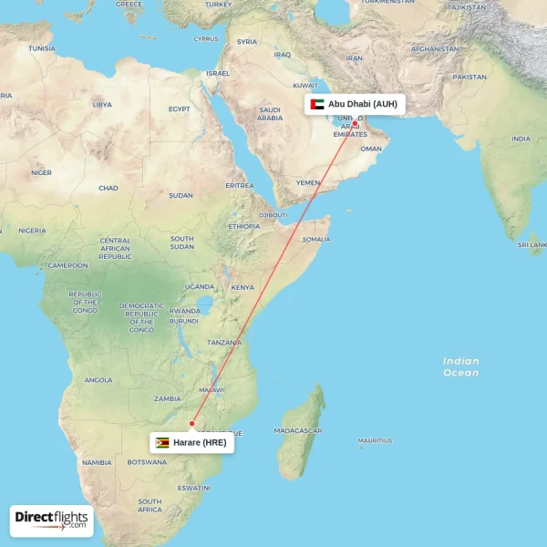 Abu Dhabi - Harare direct flight map