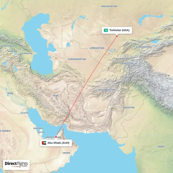 Abu Dhabi - Turkistan direct flight map
