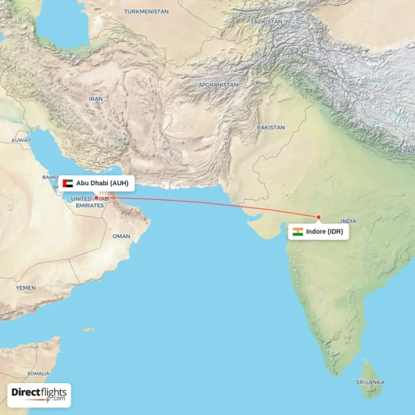Abu Dhabi - Indore direct flight map