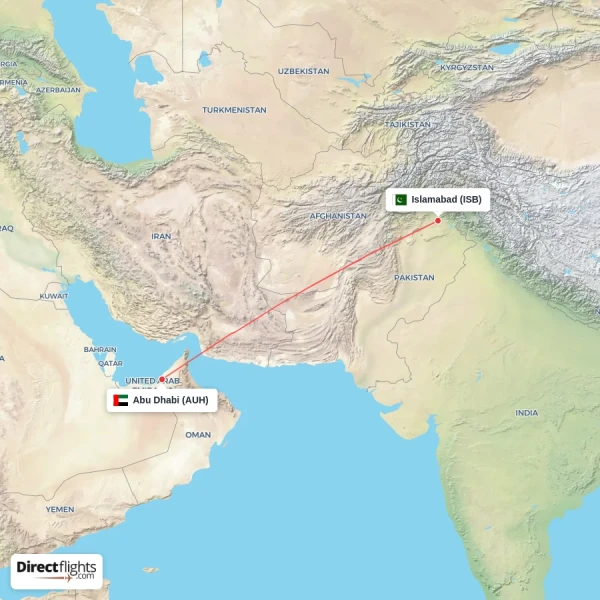 Abu Dhabi - Islamabad direct flight map