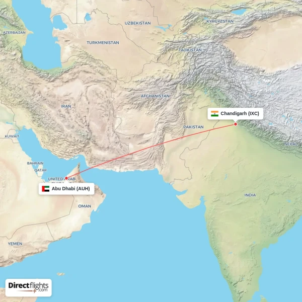 Abu Dhabi - Chandigarh direct flight map
