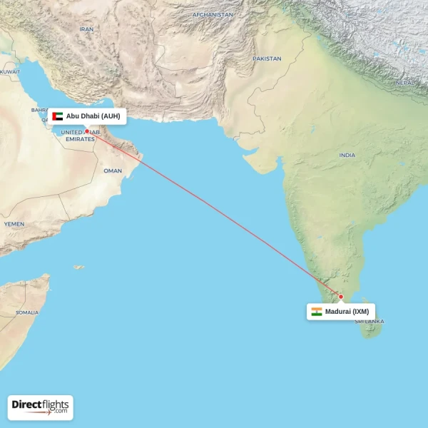 Abu Dhabi - Madurai direct flight map
