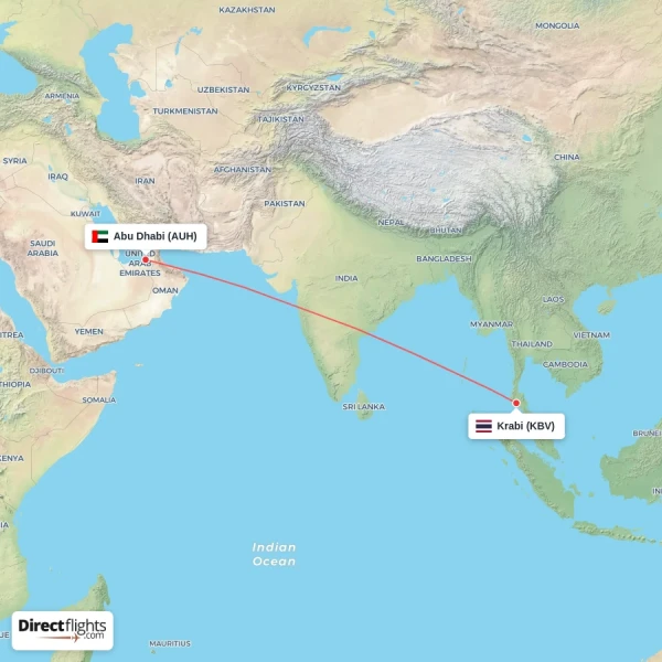 Abu Dhabi - Krabi direct flight map