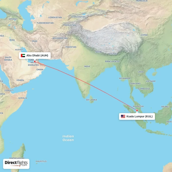 Abu Dhabi - Kuala Lumpur direct flight map