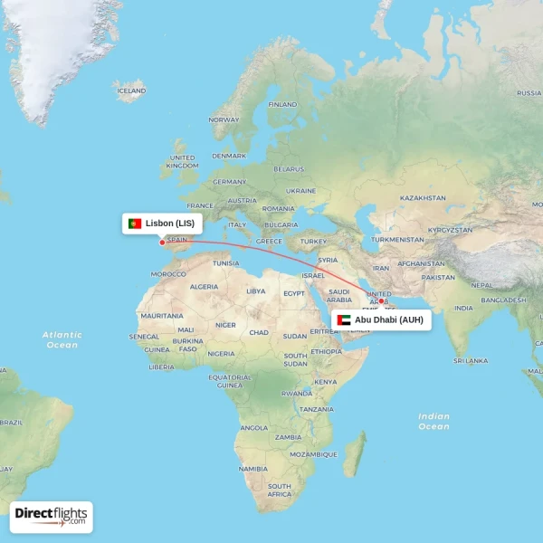 Abu Dhabi - Lisbon direct flight map