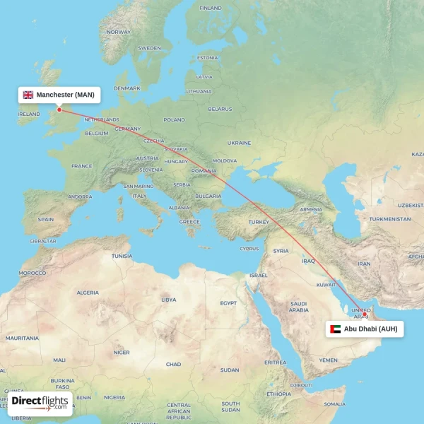 Abu Dhabi - Manchester direct flight map