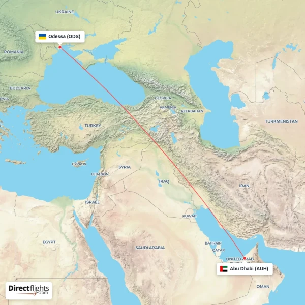 Abu Dhabi - Odessa direct flight map