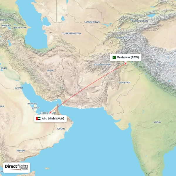 Abu Dhabi - Peshawar direct flight map