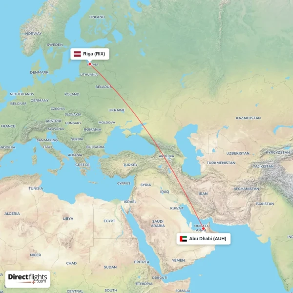Abu Dhabi - Riga direct flight map