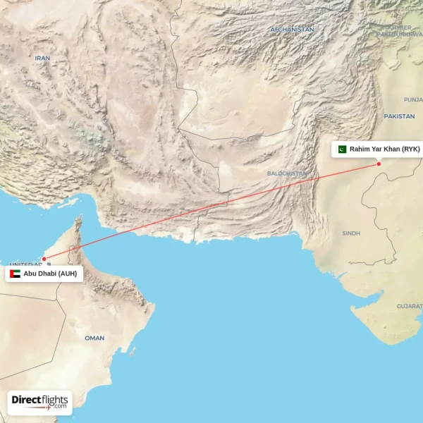 Abu Dhabi - Rahim Yar Khan direct flight map