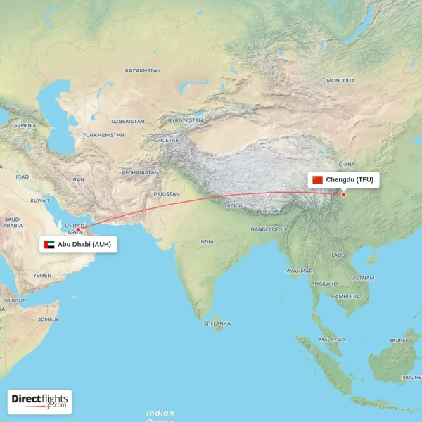 Abu Dhabi - Chengdu direct flight map