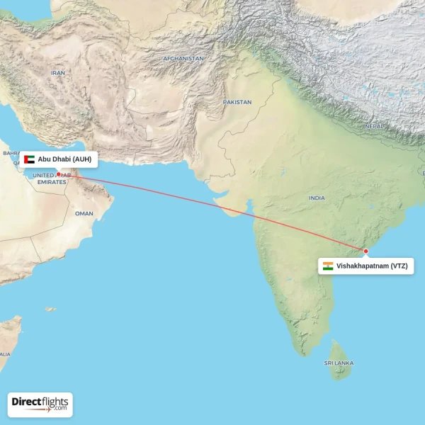 Abu Dhabi - Vishakhapatnam direct flight map