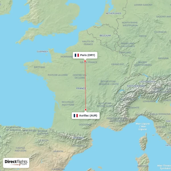 Aurillac - Paris direct flight map
