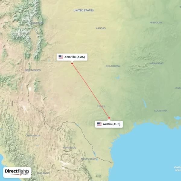 Austin - Amarillo direct flight map