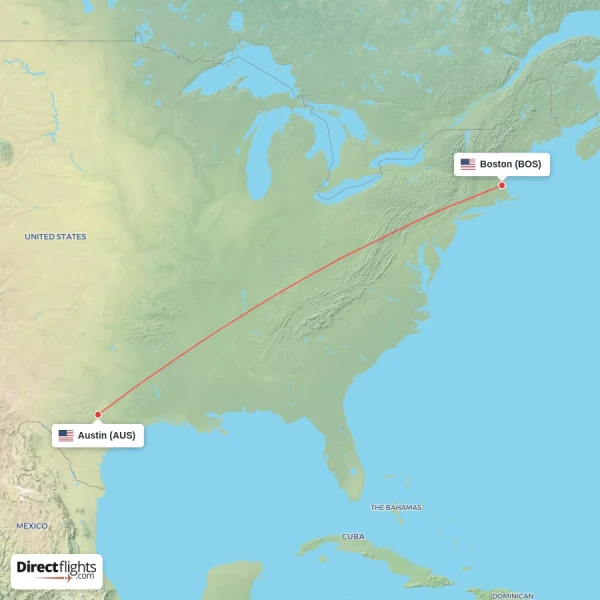 Austin - Boston direct flight map