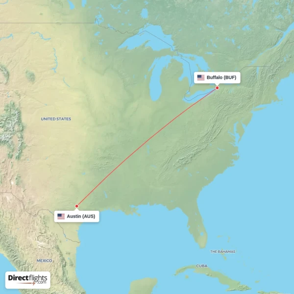 Austin - Buffalo direct flight map