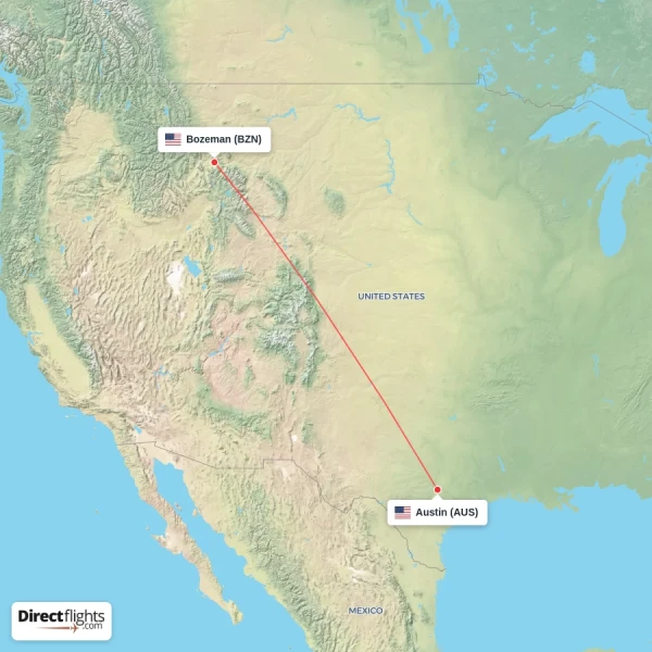 Austin - Bozeman direct flight map