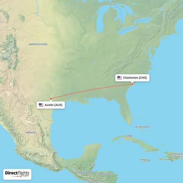 Austin - Charleston direct flight map