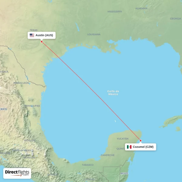 Austin - Cozumel direct flight map