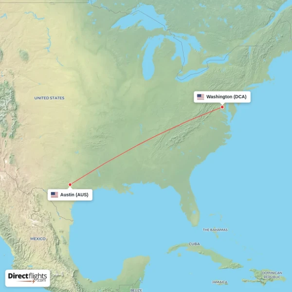Austin - Washington direct flight map