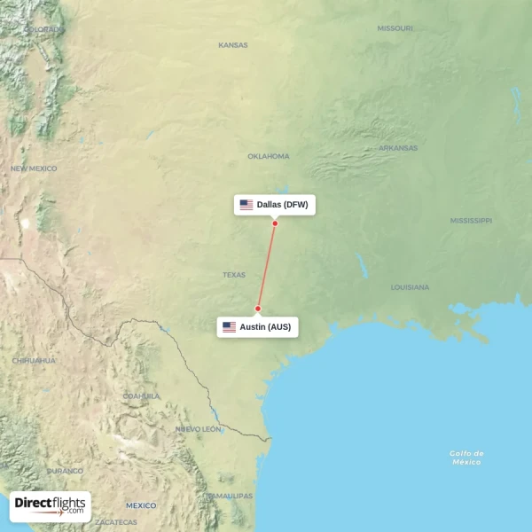 Austin - Dallas direct flight map