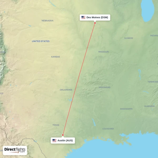 Austin - Des Moines direct flight map