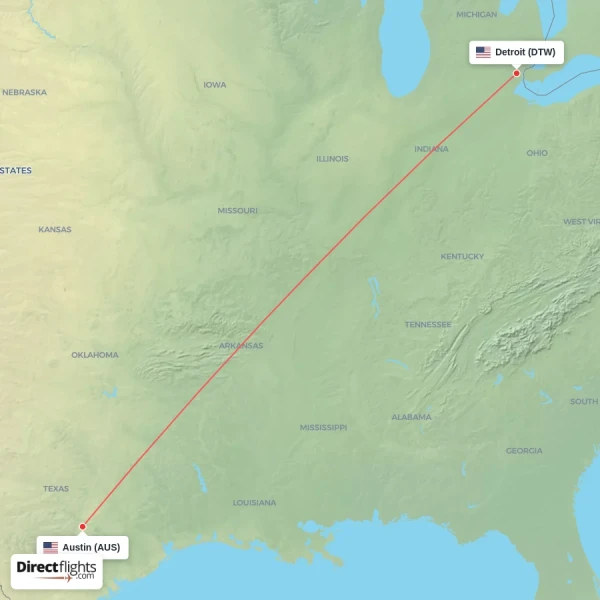 Austin - Detroit direct flight map