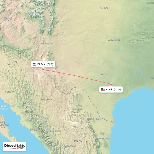 Austin - El Paso direct flight map