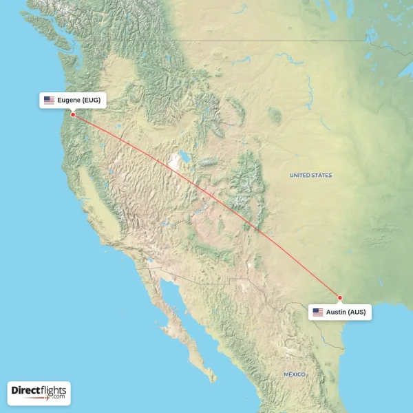 Austin - Eugene direct flight map