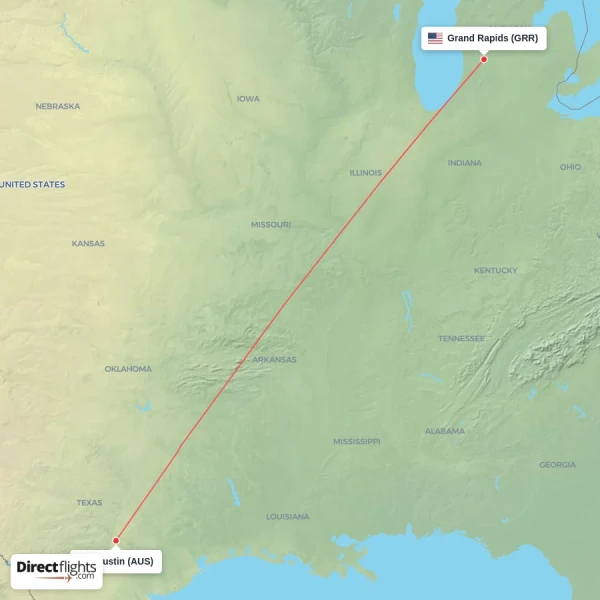 Austin - Grand Rapids direct flight map