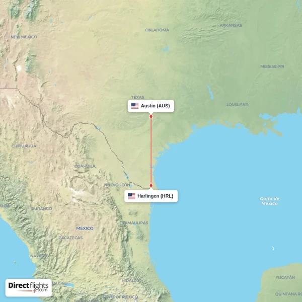 Austin - Harlingen direct flight map