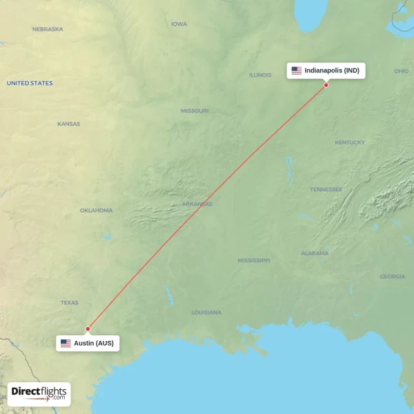 Austin - Indianapolis direct flight map