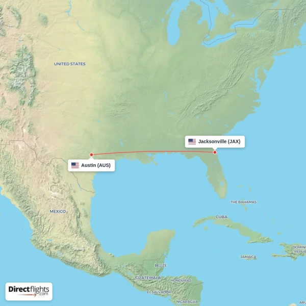 Austin - Jacksonville direct flight map
